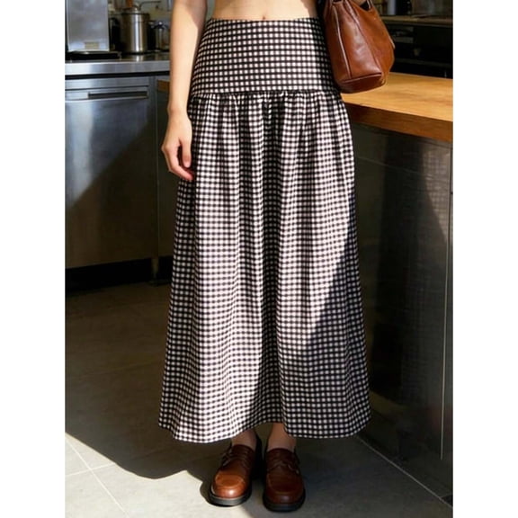 Womens Brown Gingham Maxi Skirt Dropped Waist A-Line Casual Streetwear
