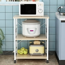 Ktaxon 3 Shelf Mobile Kitchen Serving Cart Multifunction Baker's Rack Microwave Oven Stand Shelf Cart on Wheels with 10 Hooks, Easy Assembly, Light Beige/White