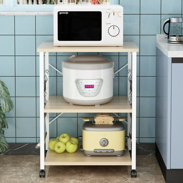 Ktaxon 3 Shelf Mobile Kitchen Serving Cart Multifunction Baker's Rack Microwave Oven Stand Shelf Cart on Wheels with 10 Hooks, Easy Assembly, Light Beige/White
