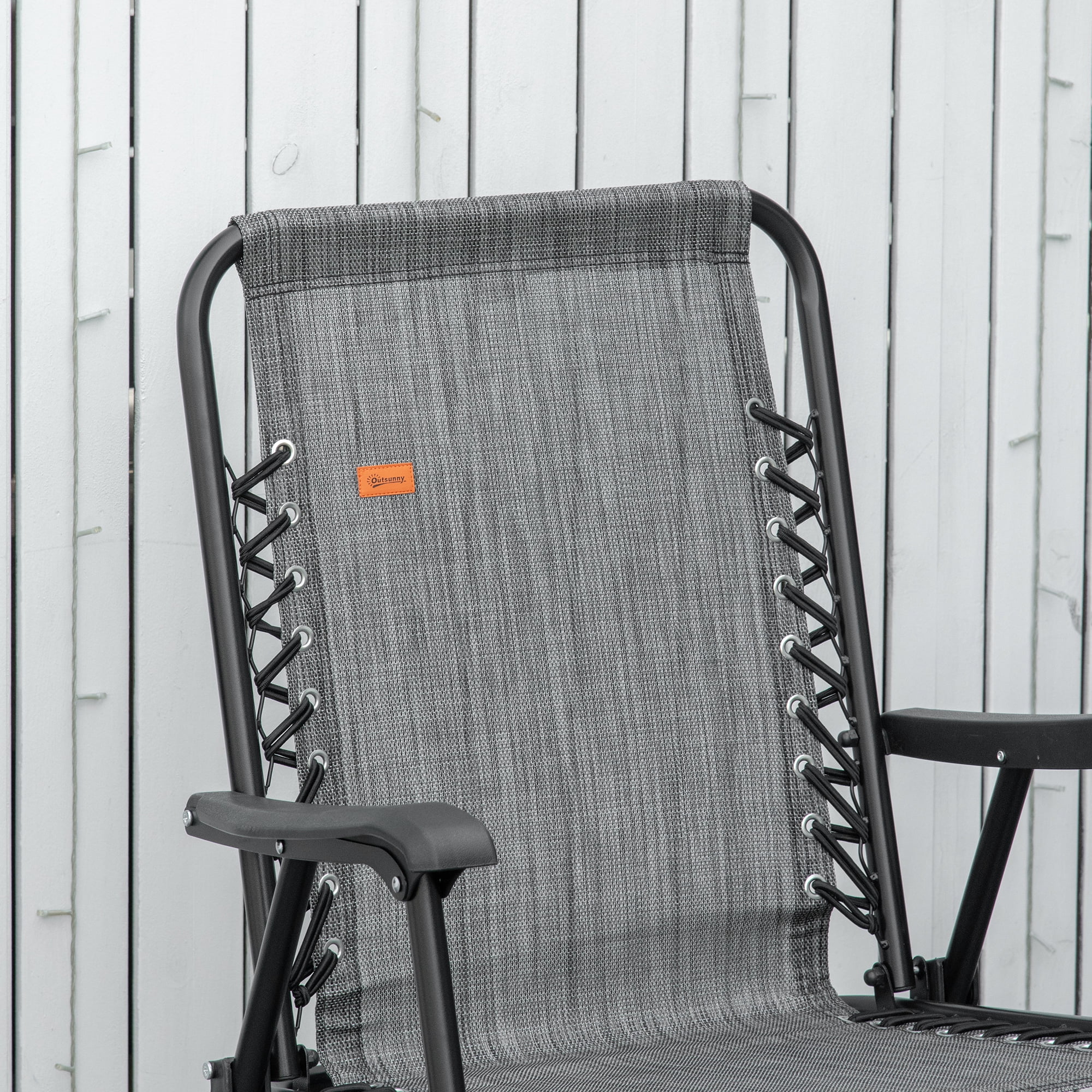 Patio Folding Bungee Sling Chair with Armrests, Portable Outdoor Lawn Chair for Camping Garden Pool Beach Backyard, Gray