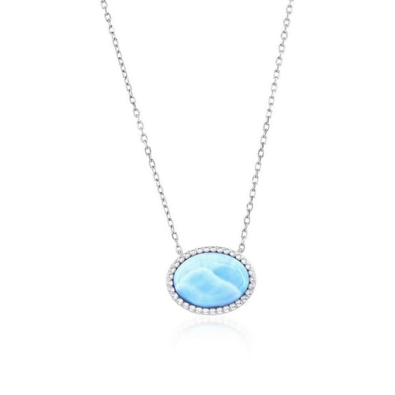 Beaux Bijoux Sterling Silver Larimar Blue Necklace for Women - Natural Larimar Jewelry - Beautiful Blue Larimar Stones - Beaded Outline Oval Larimar Necklace for Women