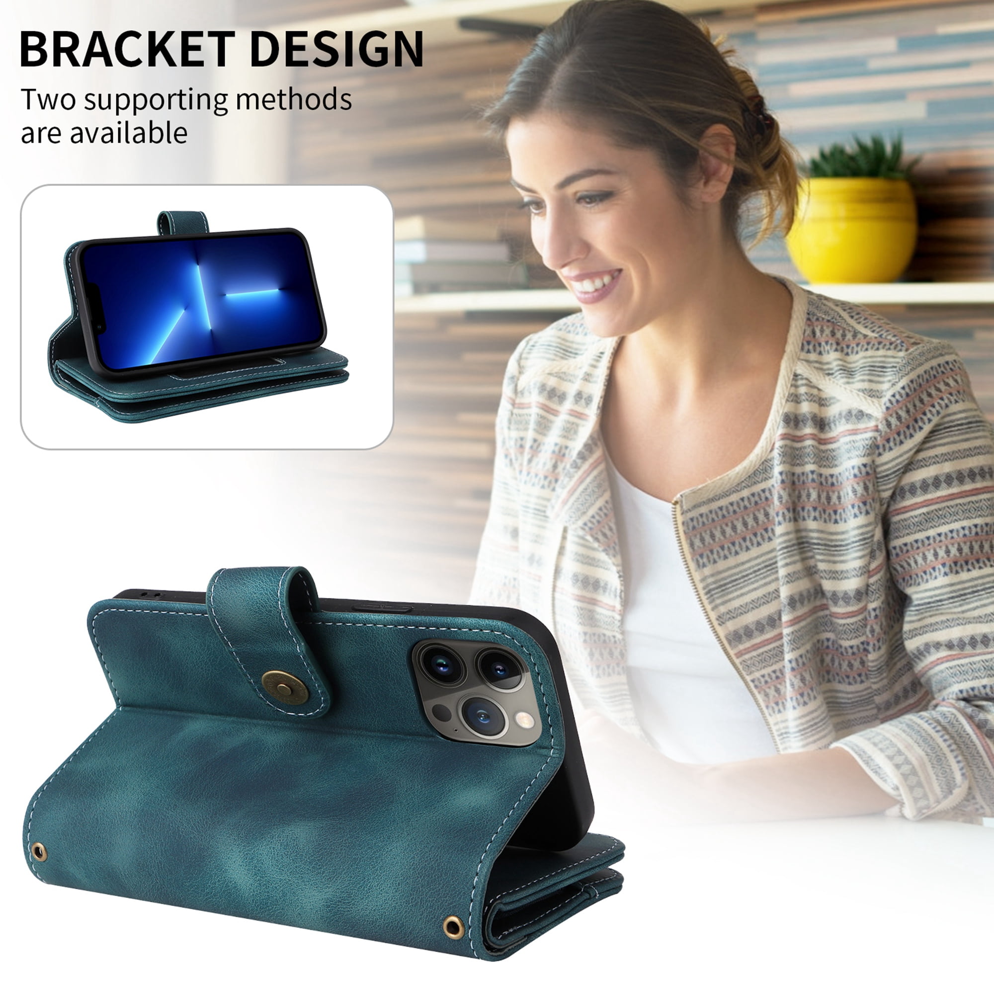 Dteck for Apple iPhone 14 Pro 6.1 inch Wallet Case for Women Men, Sturdy PU Leather Case Magnetic Flip Zipper 7 Cards Holder Wristlet & Shoulder Strap Kickstand Phone Case, Blue