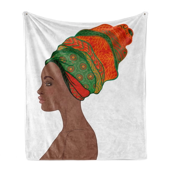 African Soft Flannel Fleece Throw Blanket, Afro Female Young Beauty Traditional Hair Dress Turban Ornate, Cozy Plush for Indoor and Outdoor Use, 50" x 60", Scarlet Green Chocolate, by Ambesonne