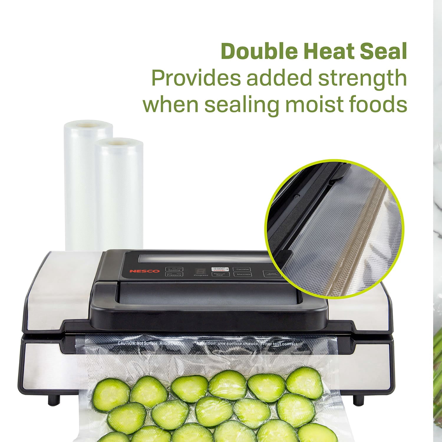 NESCO® Vacuum Sealer, Heavy-Duty with Double Heat Seal, Dual Pump, Accessory Port for Jars, Includes 11" & 8" Rolls, Ideal for Meat Storage & Sous Vide, VS-12