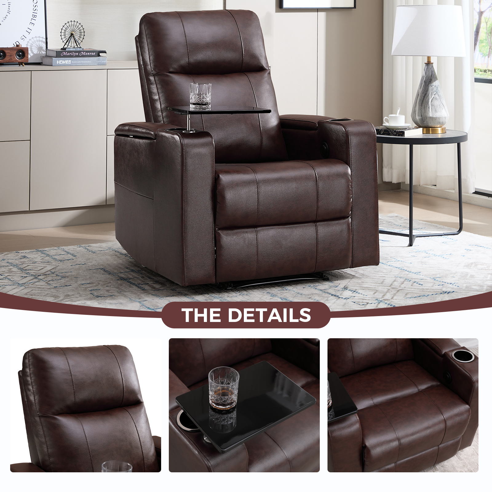 Bonzy Home Power Electric Recliner Chair, PU Leather Home Theater Seating with Swivel Tray Cup Holders, USB Port & Hidden Storage, Single Movie Recliner for Living Room Media Room, Brown