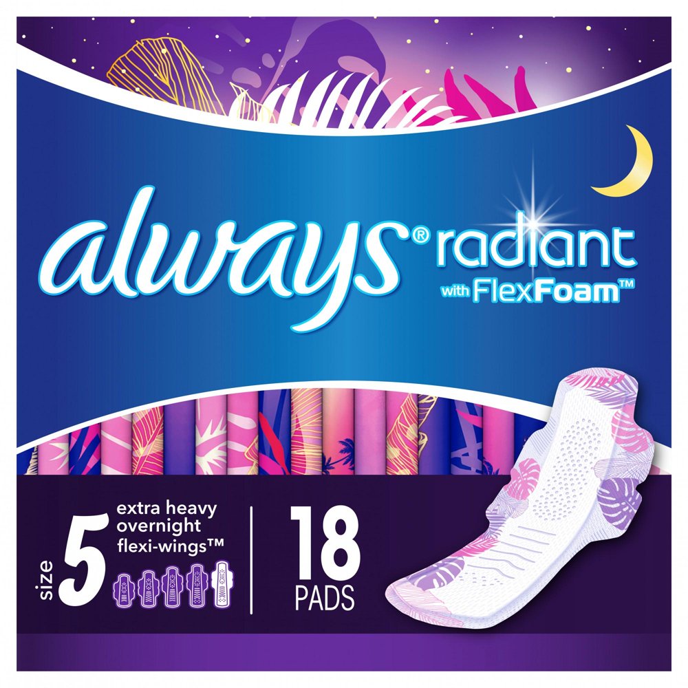 Always Radiant Heavy Overnight Pads, Winged, Scented, Size 5, 18 ct
