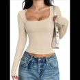 thumbnail image 2 of Camisas de Larga para Mujer, Tops Cortos, Cuello Cuadrado, Camisetas Básicas para Salir, Ropa de Invierno Y2K 2025 Albaricoque M, 2 of 7