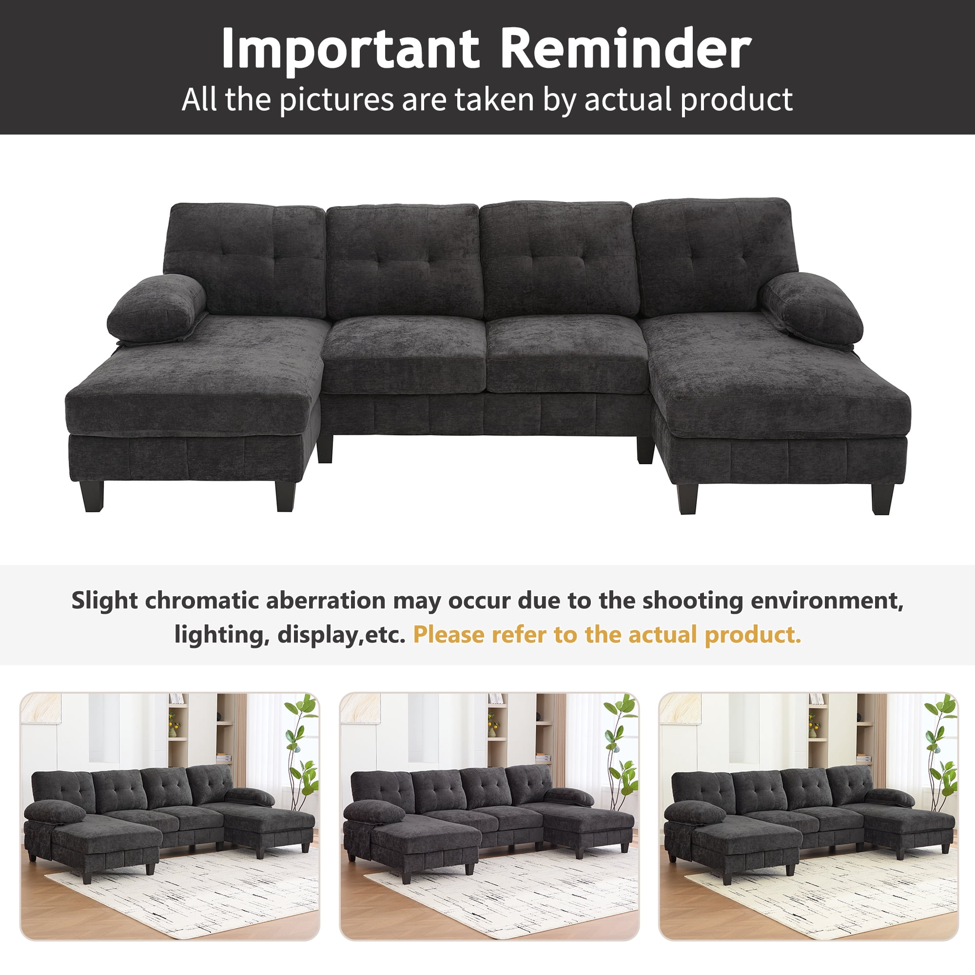Euroco U-shaped Sectional Sofa 103.5" Chenille Fabric Couch with Dual Chaise Lounges, Storage Pockets and Armrest Pillows for Living Room, Black