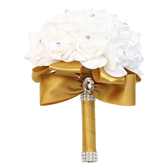 Namzi-b Artificial Rose Wedding Bouquet Gold Flowers Bridesmaid Toss Bouquet with Diamond Ribbons Fake Flower Hand Bouquets for Wedding, Engagement, Church