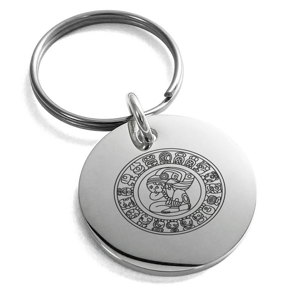 Tioneer Stainless Steel Mayan Calendar Rune Engraved Small Medallion Circle Charm Keychain Keyring Celtic