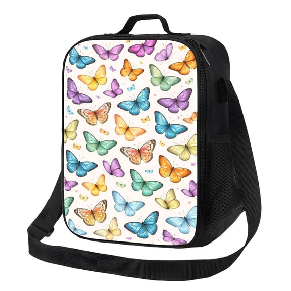 Colorful Butterfly Lunch Bag Insulated Thermal Box with Shoulder Strap & Handle for Work and Picnic
