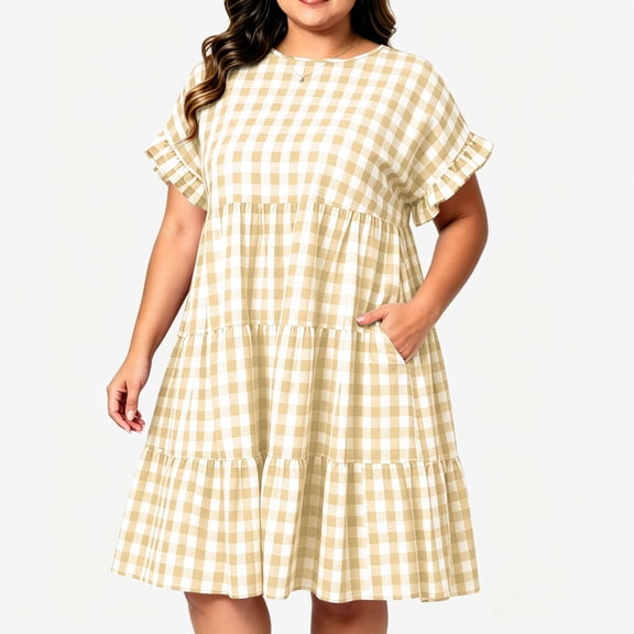 Vivianyo HD Women's PLuse Size Round Neck Gingham Tiered Dresses, Ruffle Short Sleeve Loose Casual Midi Sundresses With Pockets for Women, Women's Orange, Sizes L-5XL