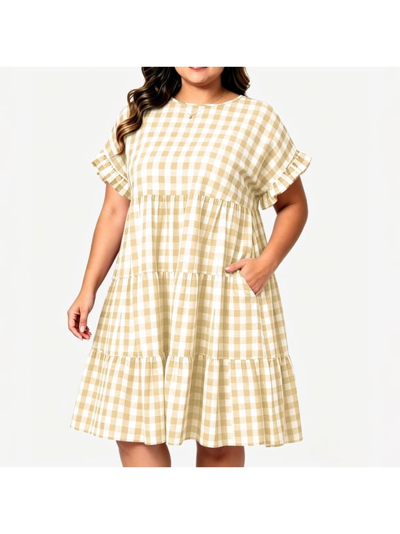 Women's Plus Size Gingham Midi Dress with Pockets Ruffle Short Sleeve Crew Neck Tiered A Line Dress for Casual 2XL