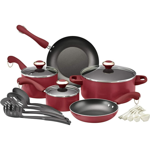Signature Dishwasher Safe Nonstick Cookware Pots and Pans Set, 17 Piece, Red