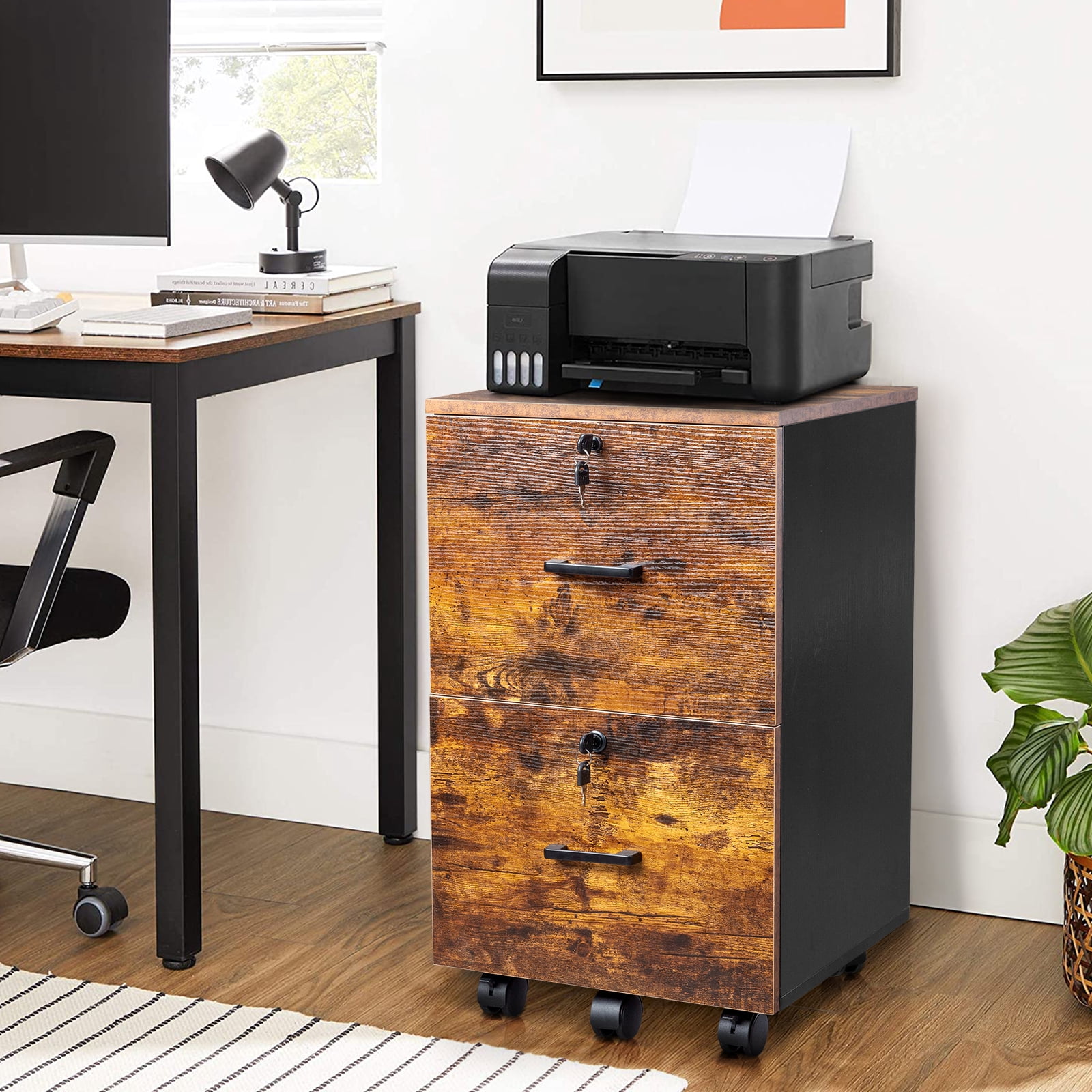 Ktaxon Mobile File Cabinet with Lockable 2-Drawer, Rolling Wood Filing Cabinet, Printer Stand, for A4&Letter-Size, Brown & Black