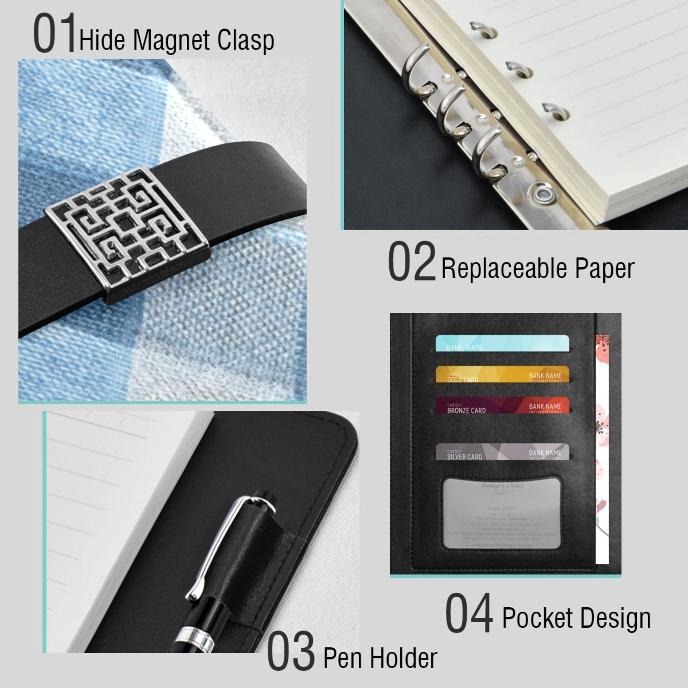 Leather Planner Leather Notebook Notebook Journal Binder Design Pen Pocket Design Convenient for Storage Light Blue Denim