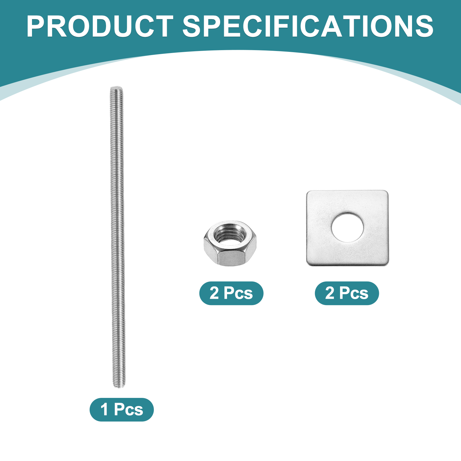 Fully Threaded Rod, M14 x 250mm 304 Stainless Steel with Nuts Washers