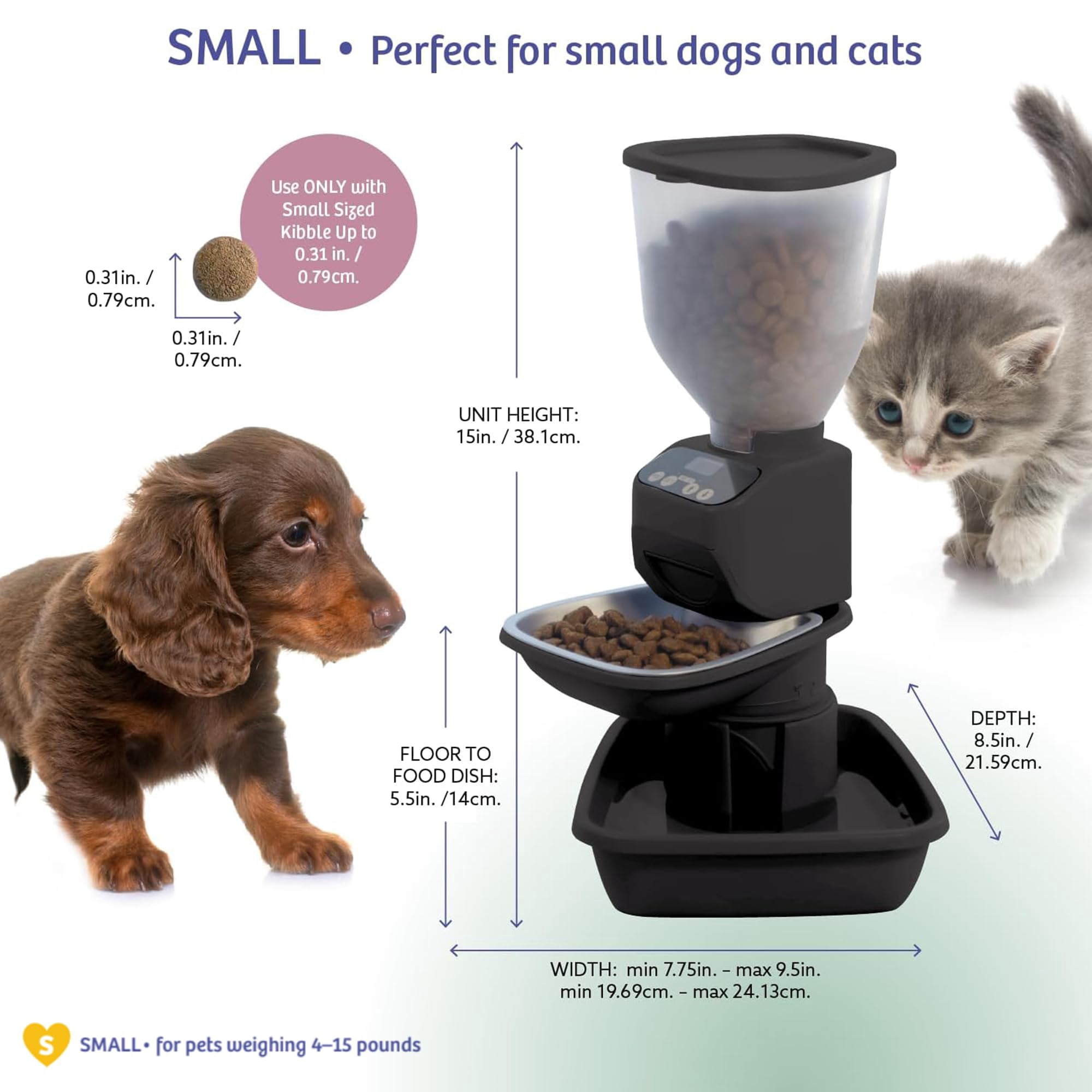 Feeding Friend® Automatic Dog & Cat Food Feeder with Water Dispenser Smart Pet Feeder with Portion Control, OLED Display, Anti Jam Design, Battery Operated Dispenser for Small XS  4-15 lbs Pets Black