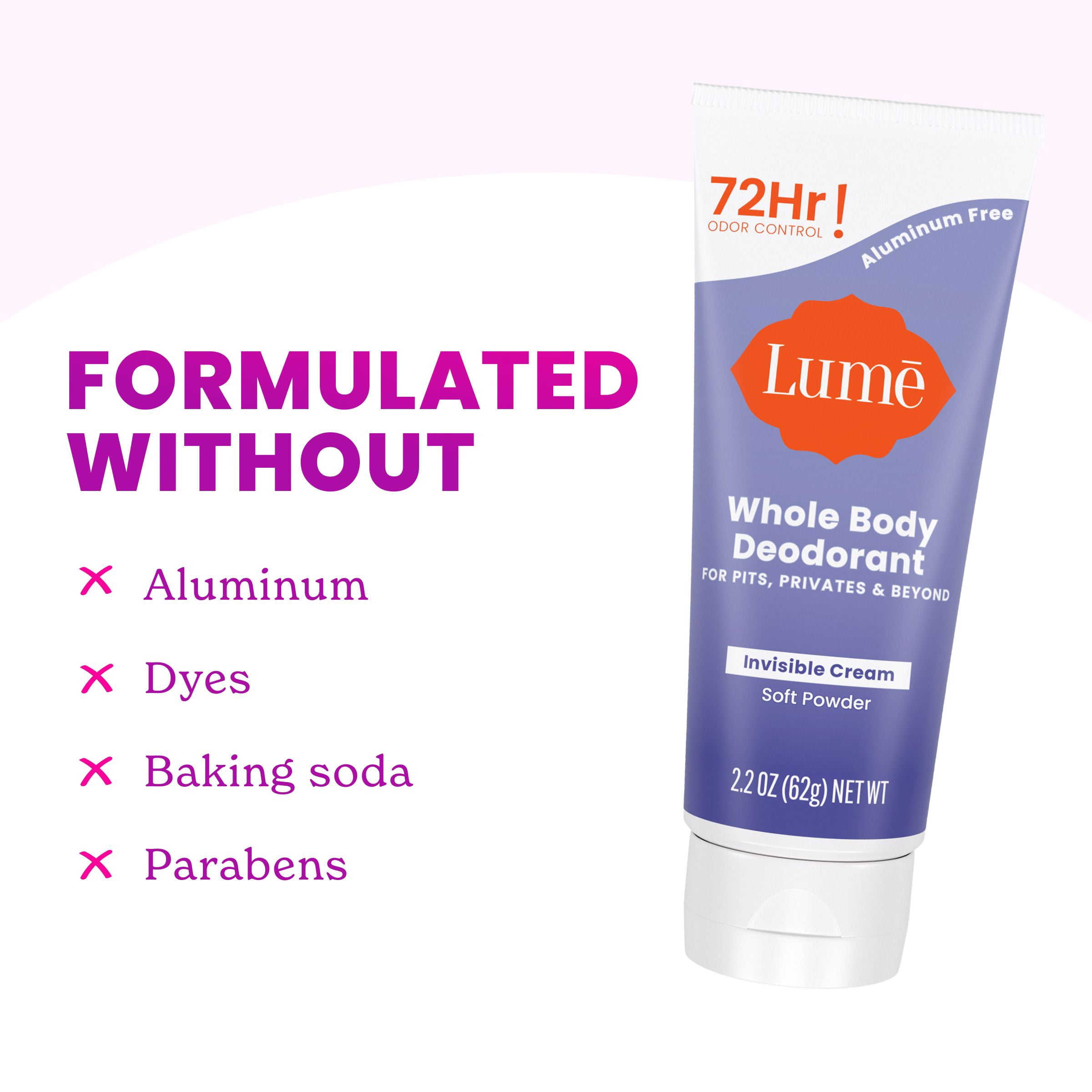 Lume Whole Body Women's Invisible Cream Tube Deodorant Soft Powder Scent, Aluminum-Free, 2.2 oz