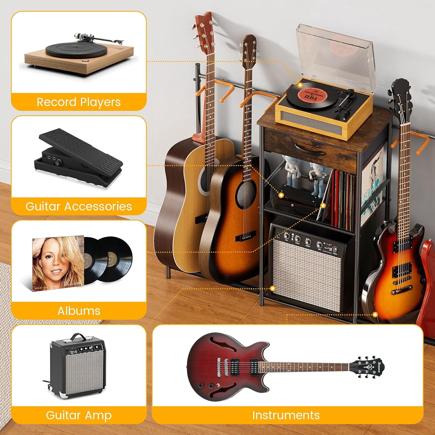 Flycity Guitar Stands Floor with 4 Guitar Holders, 3 Tier Guitar Rack with Amp Stand & Cloth Drawer, Floor Adjustable Guitar Holder Display for Music Room Home Studio
