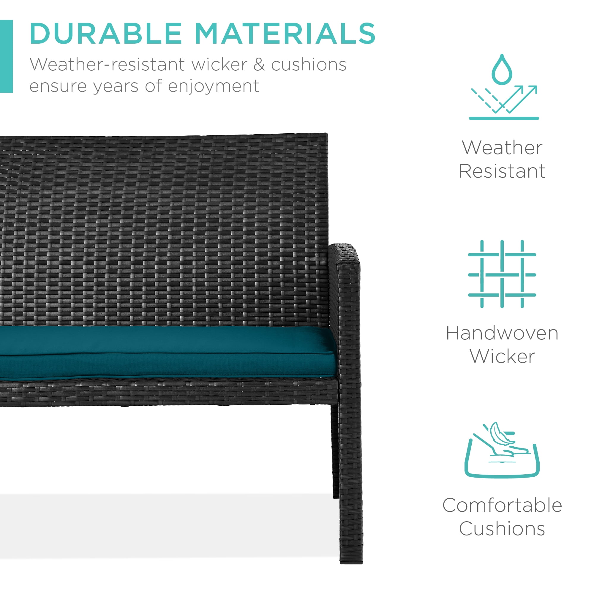 Best Choice Products 4-Piece Outdoor Wicker Patio Conversation Furniture Set w/ Table, Cushions - Black/Peacock