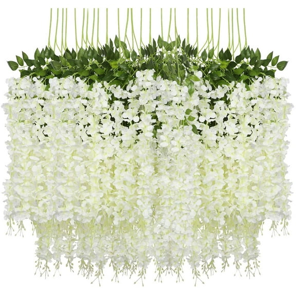 Sinhoon 12 Pack Artificial Wisteria Vine Ratta Fake Wisteria Hanging Garland Silk Long Hanging Bush Flowers String Home Party Wedding Decor (White)