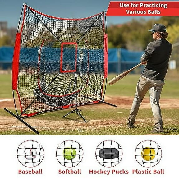HomGarden 7' x 7' Baseball Softball Practice Net Hitting Batting Pitching Catching Training Aids Backstop Screen Equipment w/Strike Zone, Carry Bag & Bow Net Frame
