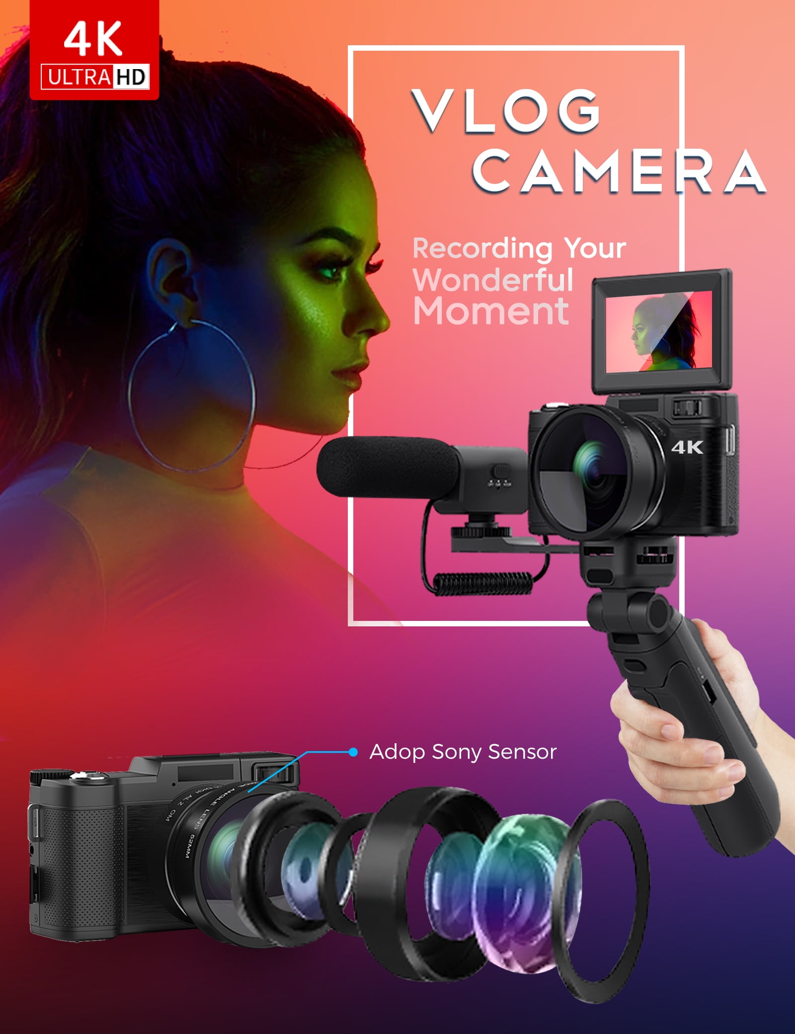 4K Digital Camera with Creator Accessory Kit 48MP Remote Control Vlogging for Vloggers Autofocus Flip Screen Photography Cameras with Tripod Grip, Wide-angle & Macro Lens, Mic