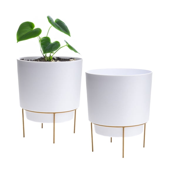Bloem Hopson 6" Plastic Cachepot with Metal Stand - Decorative Indoor Planter with Gold Metal Stand, White 2-Pack
