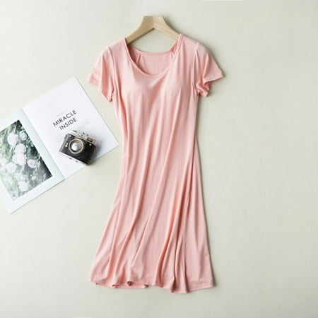 

Wisremt Ladies Nightdress With Chest Pad Without Rims Vest Comfort Mid-long Pajamas Short Sleeve Nightdress Pink XL