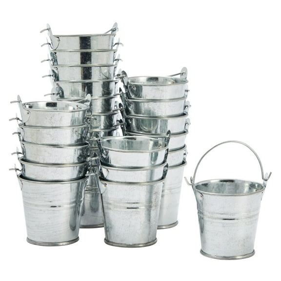 Juvale Mini Metal Buckets - 2 x 2 in, Silver, Pack of 24 - Mini Tin Buckets & Metal Tins with Handles for Party Favors, Crafts & Galvanized Decor