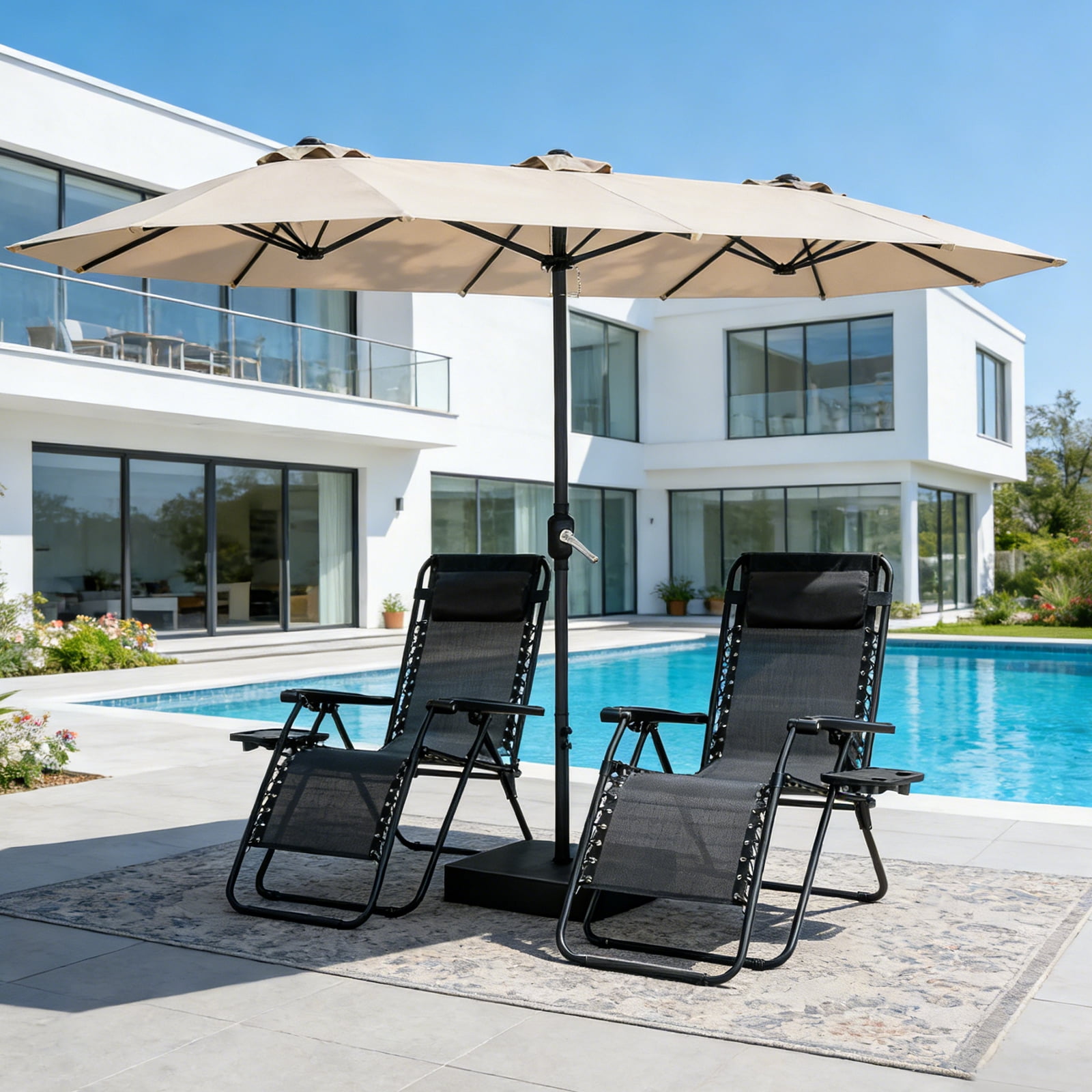 WLLJOY 15Ft Patio Umbrella With Base-Mounted, Foldable And Portable Outdoor Sunshade For Backyards, Beaches And Gardens, Khaki