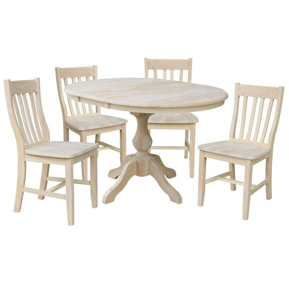 36" Round Extension Wood Dining Table With 4 Cafe Chairs in Unfinished