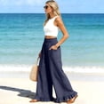 thumbnail image 3 of Satingcolo Women Linen Pants Summer Ruffle Wide Leg Palazzo Pant Smocked Waist Travel Lounge Trousers Beach Vacation Outfits Navy L, 3 of 8