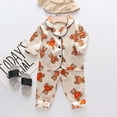 thumbnail image 3 of CUZIBR Girls Outfits Cartoon Print Lapel Collar Short Sleeve Animals Satin Button Down Shirt Tops + Long Pants Silk Pajamas Sleepwear Set For Toddler Kids Baby Clothes Sets,Beige,6-12 Months, 3 of 3