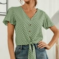 thumbnail image 2 of TIHLMK Womens Shirts Green Ladies Polka Dot Printing Loose V-neck Lace Button Petal Short Sleeve Top Gift for Womens Tops, 2 of 6