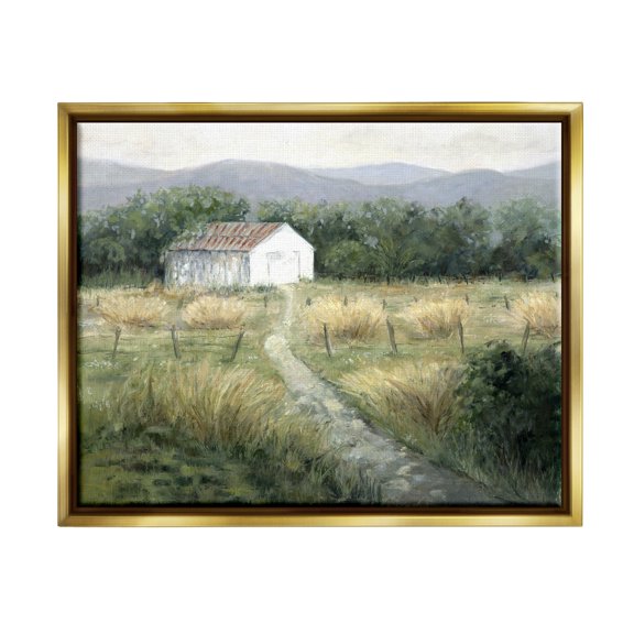 Stupell Industries Traditional White Cottage Path Landscape Painting Gold Floater Framed Canvas Art Print Wall Art, 31 x 25