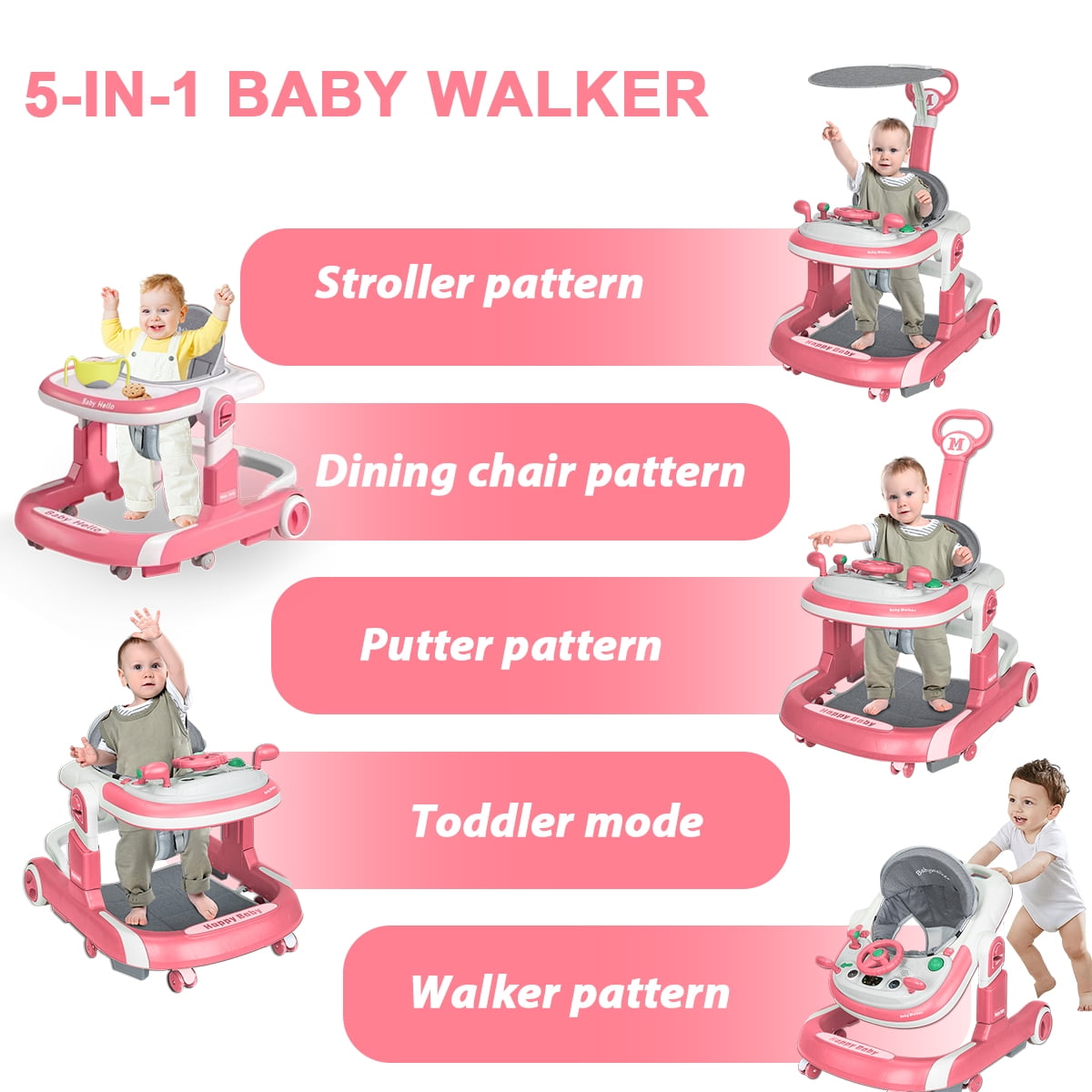 HAOUUCYIN 5-in-1 Baby Walker with Foot Pads/Handles for Girls Boys, Pink