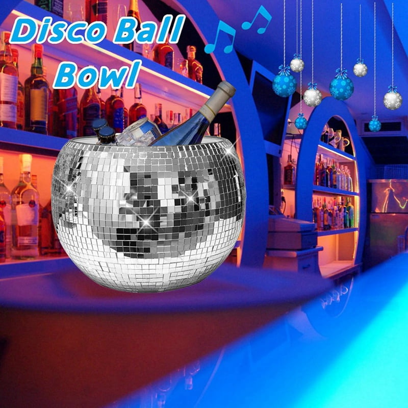 10-Inch Disco Ball Ice Bucket Silver Sparkly Mirror Ball Icebucket for Wine, Drinks, Home Bar Beverage Cooler for Partys