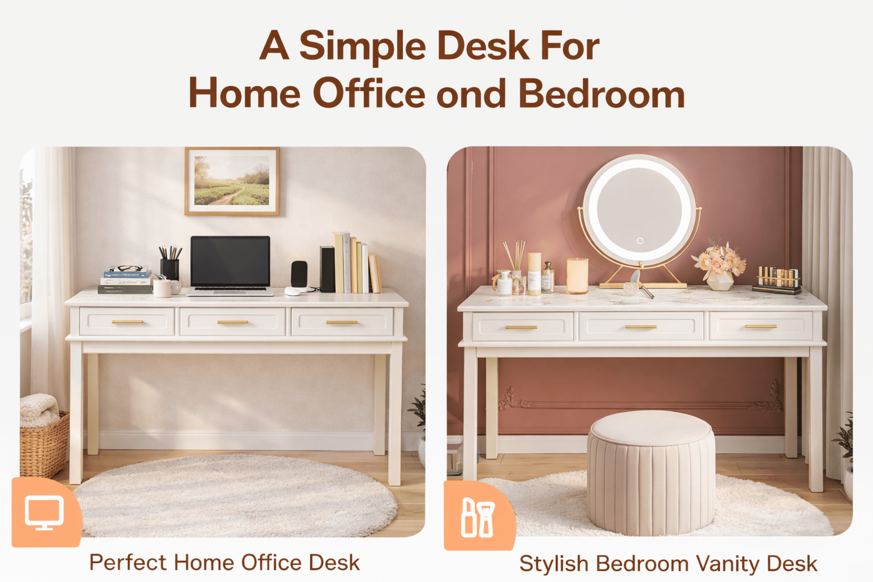 Cream White Vanity Desk with 3 Drawers, Modern Makeup Table or Writing Desk, Multipurpose Dressing Table for Bedroom, No Mirror Included