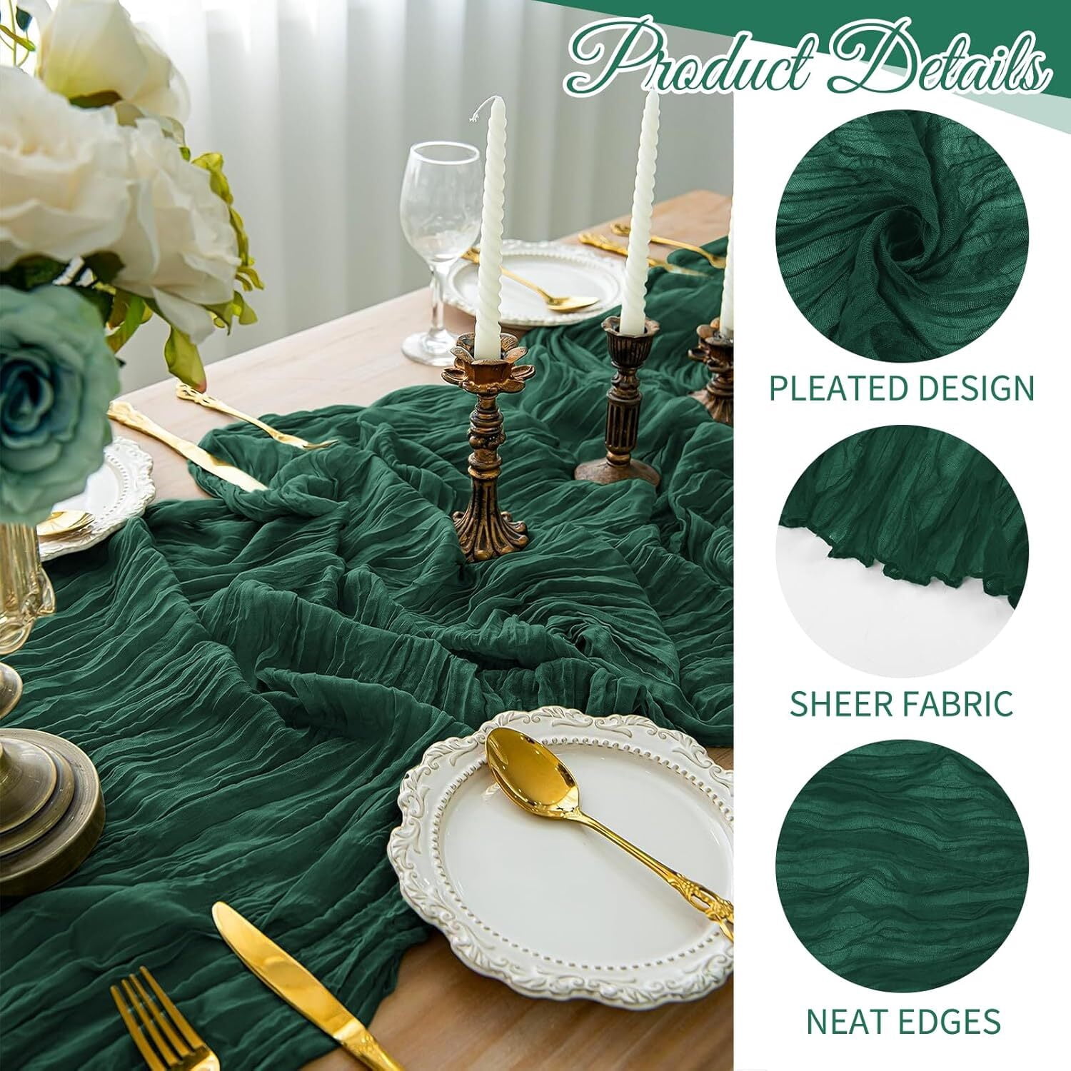 10 Pack Emerald Green Cheesecloth Table Runner 17x108 Inch Boho Gauze Cheese Cloth Table Runners for Wedding Party Baby Shower Birthday Home Decor