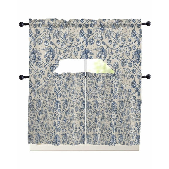 Blue Flowers Kitchen Curtains Sets 24 Inch Length with Valance, Retro Rustic Botanical Floral Leaves Vines Swag Valances and Tiers Curtain Set Drapes Swag Curtains for Living Room, Bathroom, Bedroom