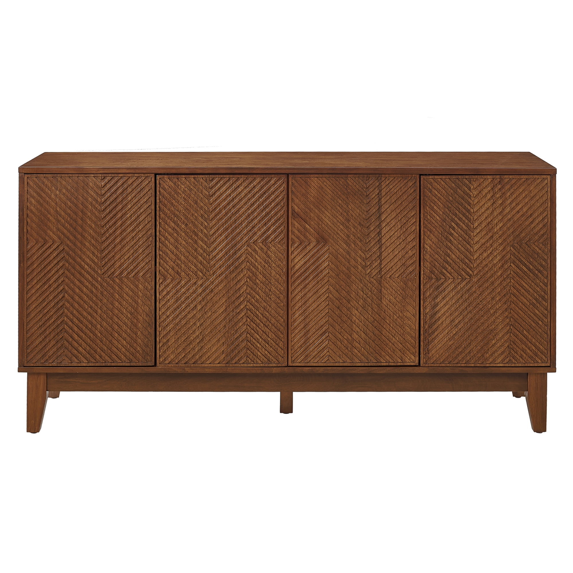 Leumius 56" Mid Century Modern TV Stand, Wood Storage Cabinet with Carved Geometric Doors, 4 Door Media Console, Sideboard Buffet Cabinet for Living Room Dining Room Entryway Walnut