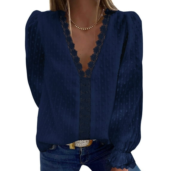 Asyoly Women's V Neck Puff Long Sleeve Lace Crochet Blouse Flowy Casual Shirts Swiss Dot Pom Pom Tops