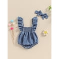 thumbnail image 2 of Bagilaanoe Newborn Baby Girl Summer Denim Rompers Ruffles Fly Sleeve Bodysuits + Headband 3M 6M 9M 12M Infant Casual One Piece Short Jumpsuit, 2 of 8