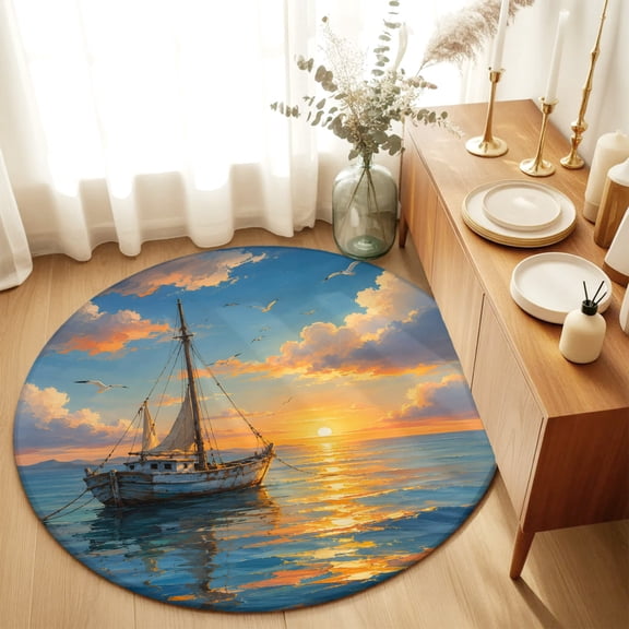 Round Rugs 3Ft, Coastal Nautical Round Area Rug Washable Indoor Throw Carpet, Summer Ocean Beach Sail Waves Orange Blue Small Non Slip Circle Rug for Bedroom Living Room Home Decor Aesthetic
