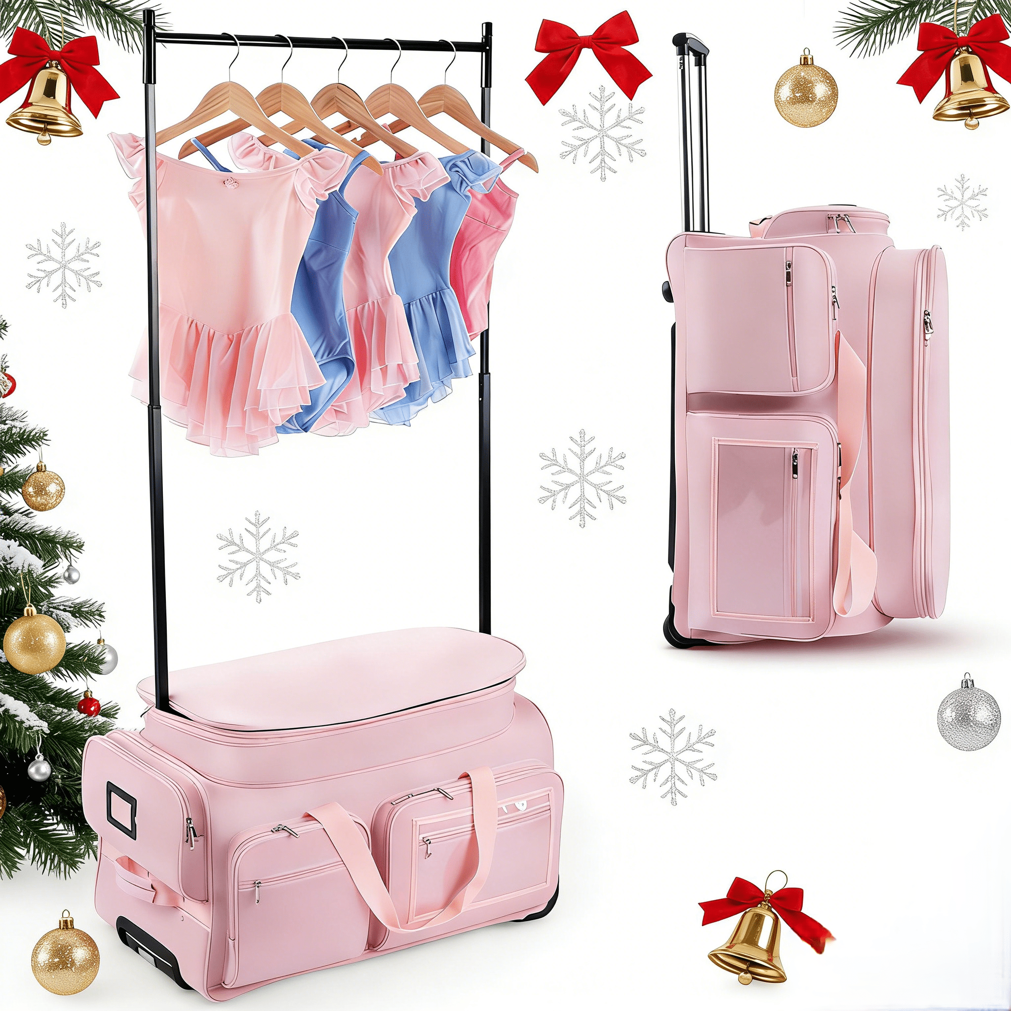 Dance Bag with Garment Rack,28" Pink Clothes Rolling Duffel Dance Bag with Rack Dance Costumes Garment Bags For Travel, Garment Duffle Bag For Dance Competition Travel Bag with Garment Rack
