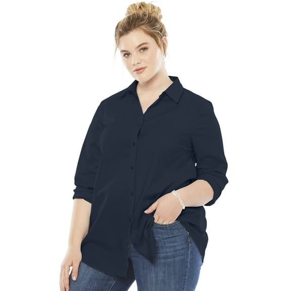 Roaman's Women's Plus Size Kate Long Sleeve Easy Cotton-Blend Button-Front Shirt