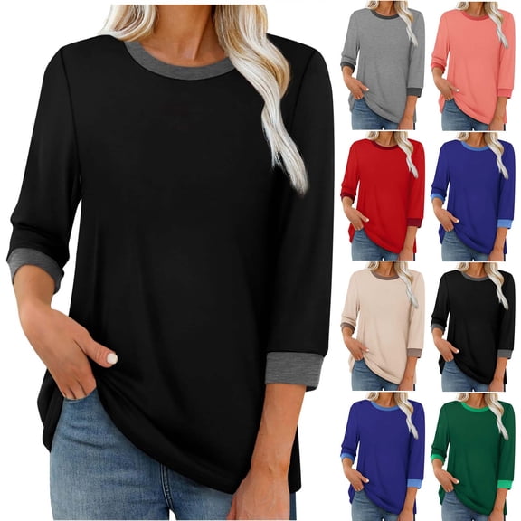 Women's Fashion 3/4 Sleeve Round Neck T-Shirt Blouse Top Casual Loose Fit Solid Color Tee | CSEONE,Army Green L