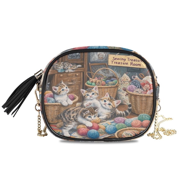Womens Casual Chain Shoulder Bag Simple style Kittens Enjoying with Yarn Balls Crossbody Bag